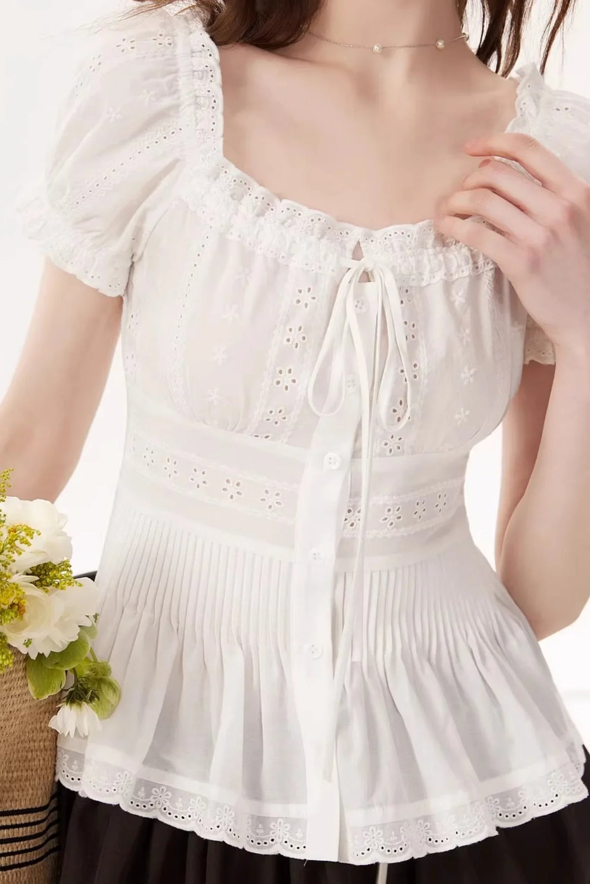 White Ruched Square-Neck Blouse