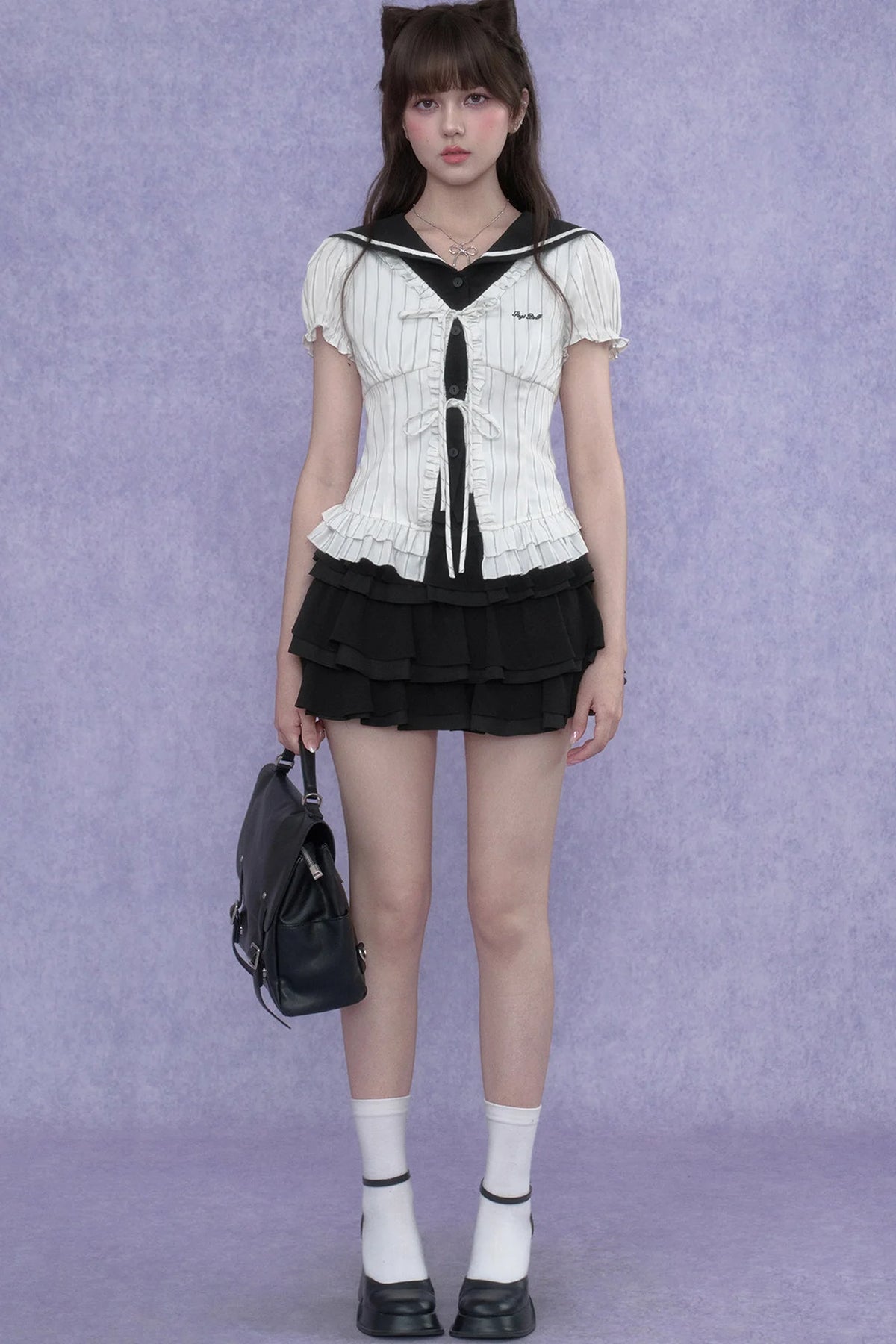 White Sailor-Collar Striped Top