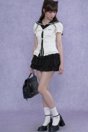 White Sailor-Collar Striped Top