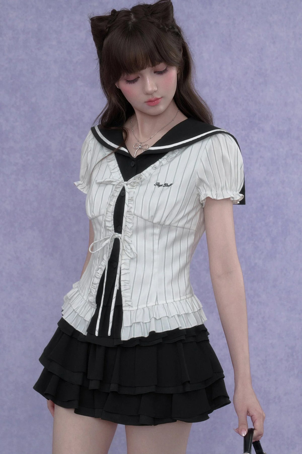 White Sailor-Collar Striped Top