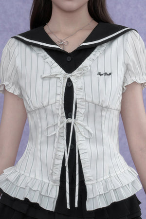White Sailor-Collar Striped Top