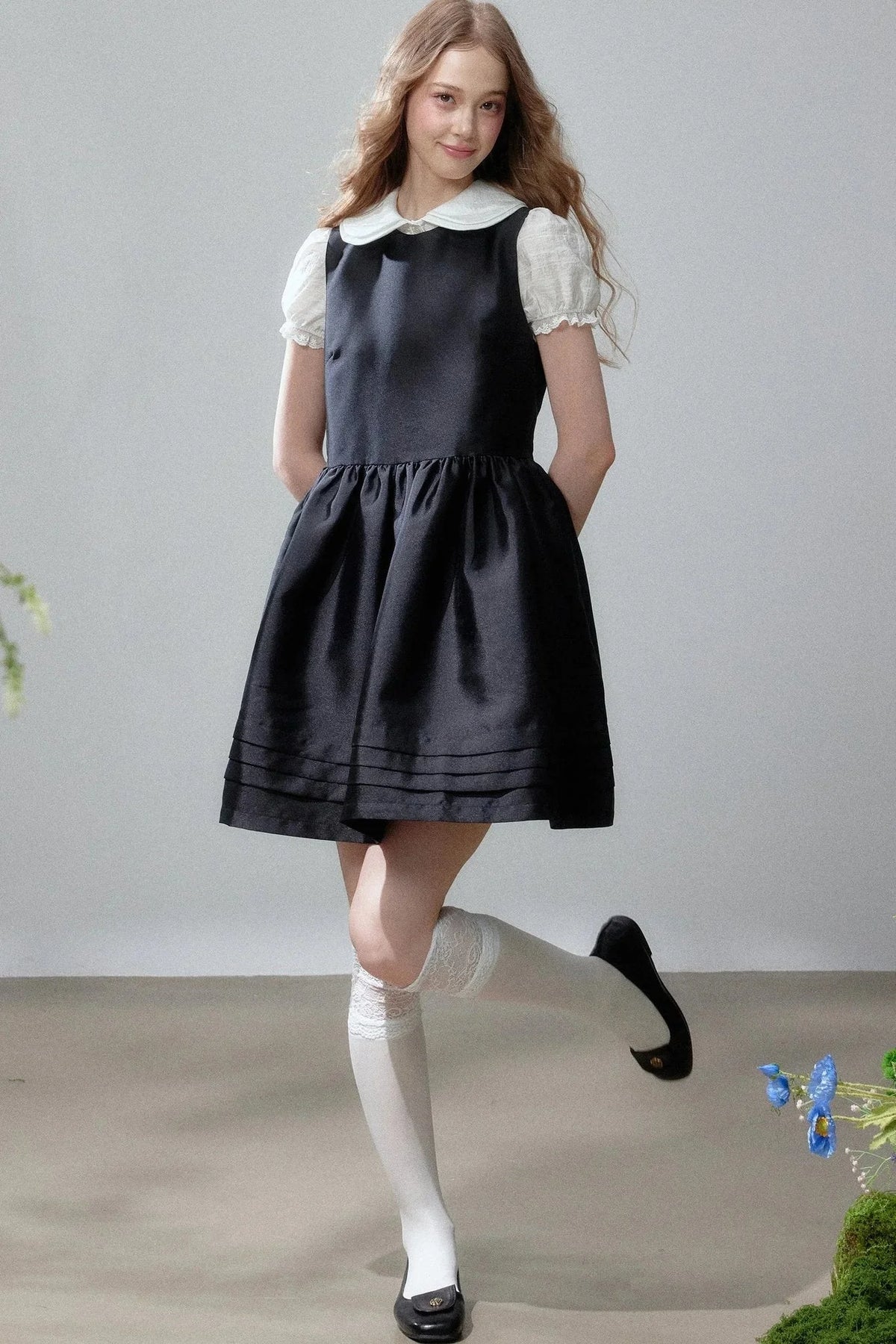 White Shirt and Sleeveless Little Black Puff Dress Set-Up