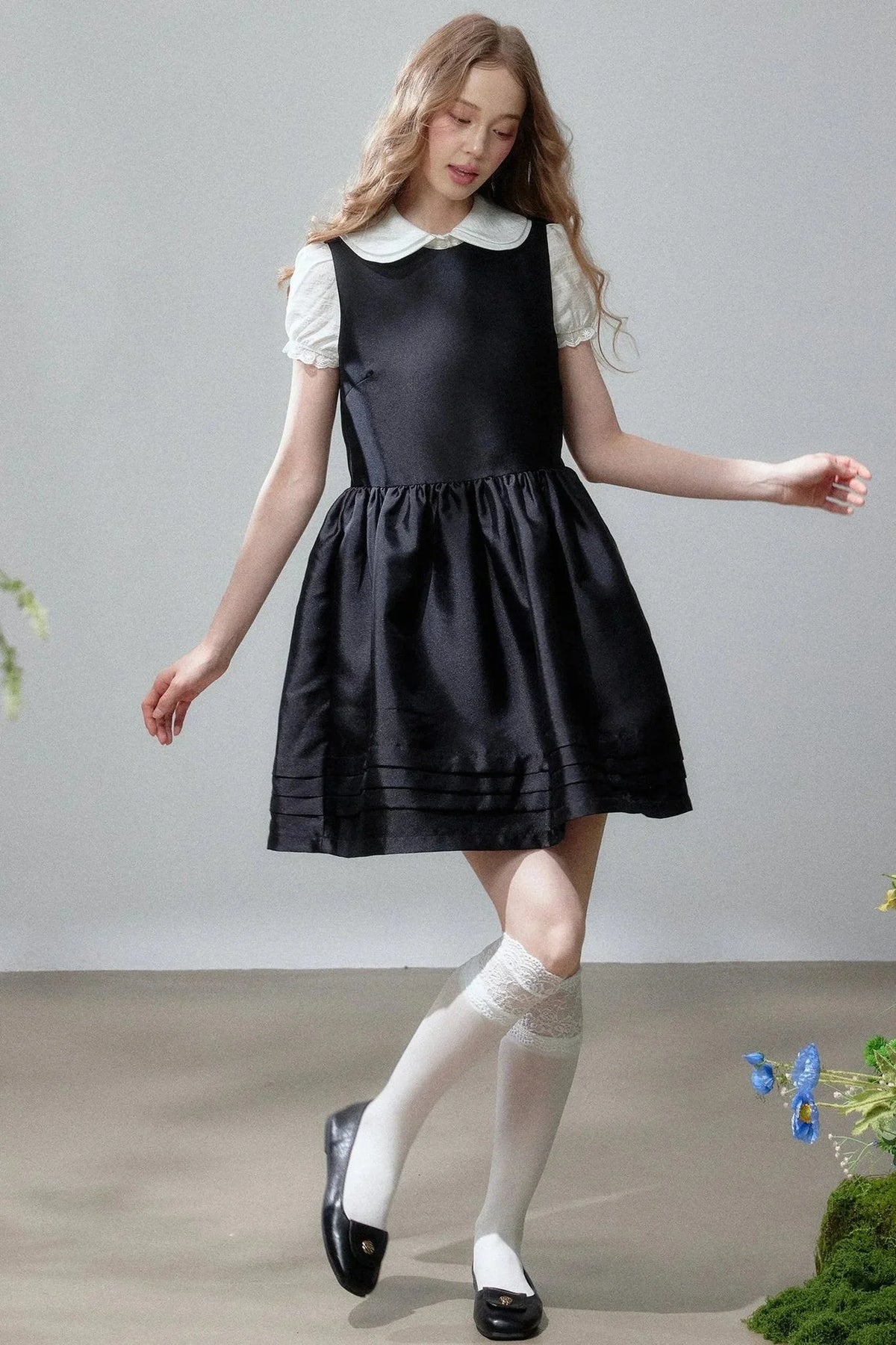 White Shirt and Sleeveless Little Black Puff Dress Set-Up