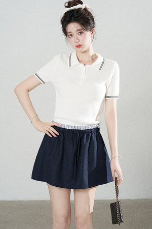 White Short-Sleeved Knit Polo T-Shirt and Skirt Set-Up