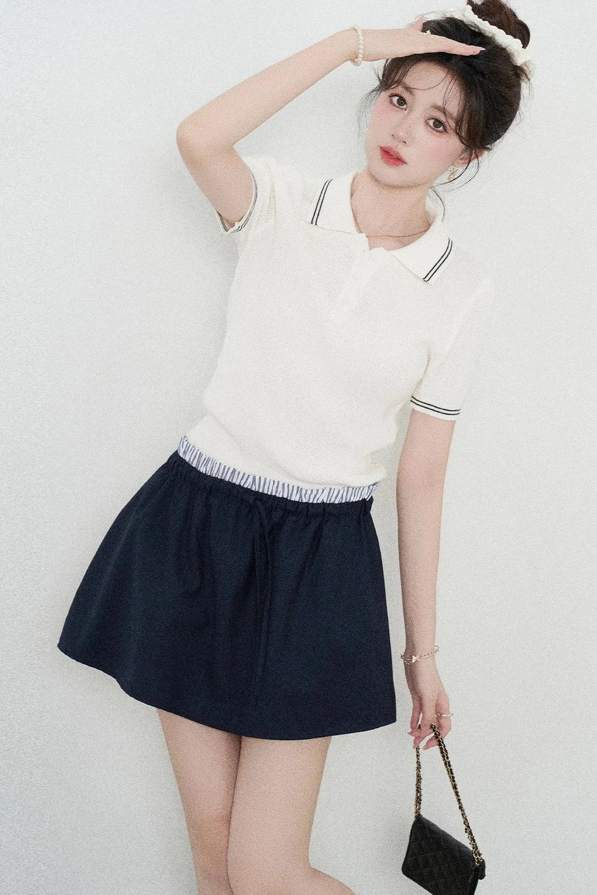 White Short-Sleeved Knit Polo T-Shirt and Skirt Set-Up