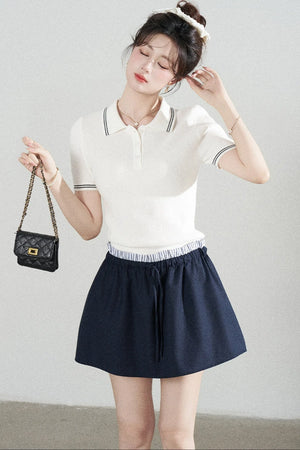 White Short-Sleeved Knit Polo T-Shirt and Skirt Set-Up
