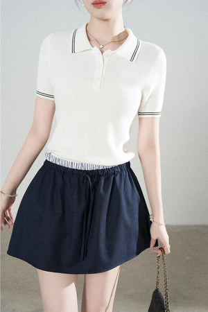 White Short-Sleeved Knit Polo T-Shirt and Skirt Set-Up