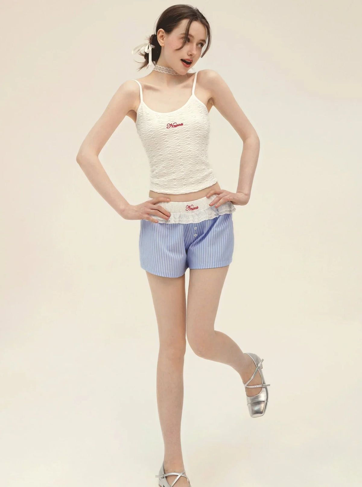 White Sling With Striped Wide Leg Shorts Set-Up