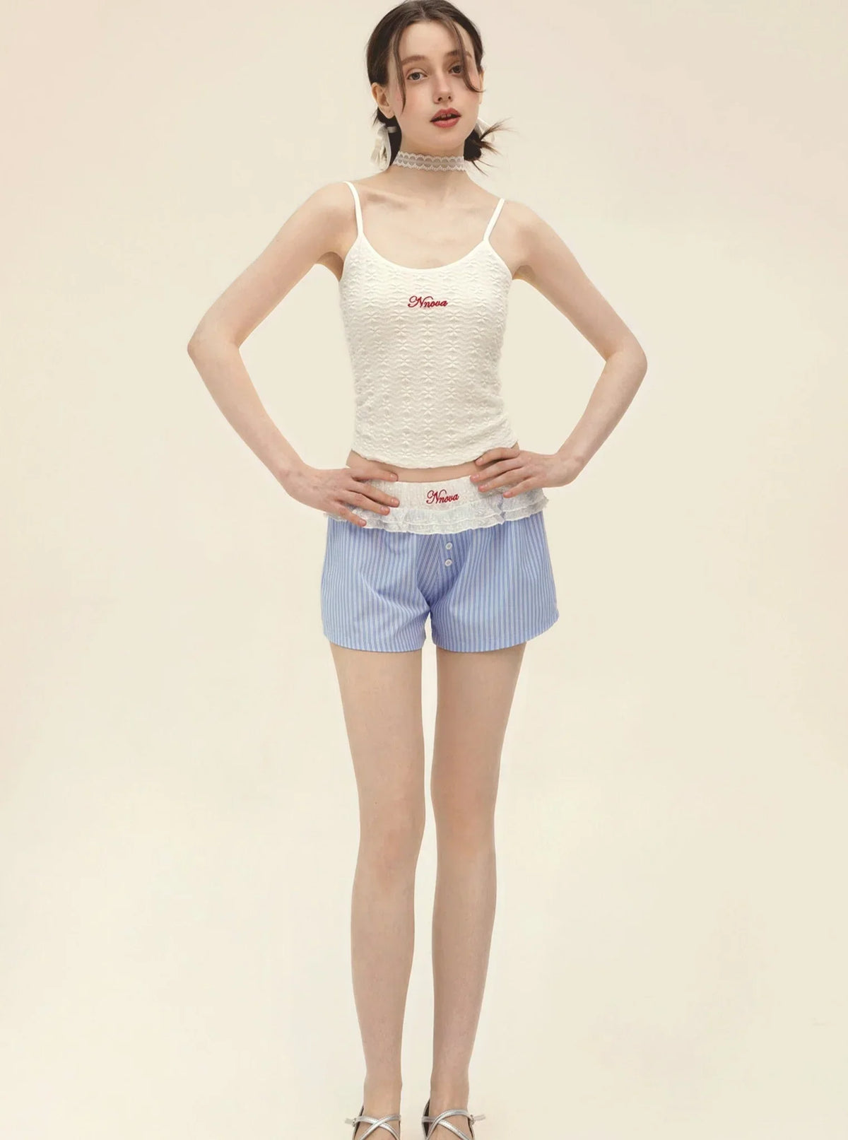 White Sling With Striped Wide Leg Shorts Set-Up