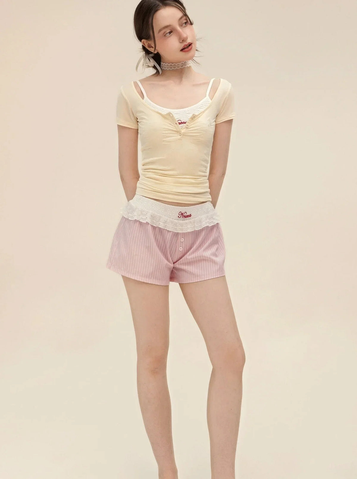 White Sling With Striped Wide Leg Shorts Set-Up