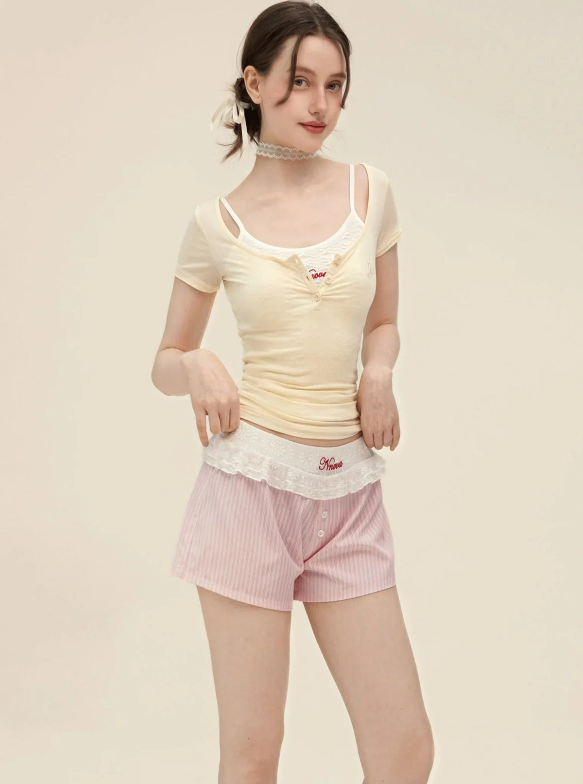 White Sling With Striped Wide Leg Shorts Set-Up