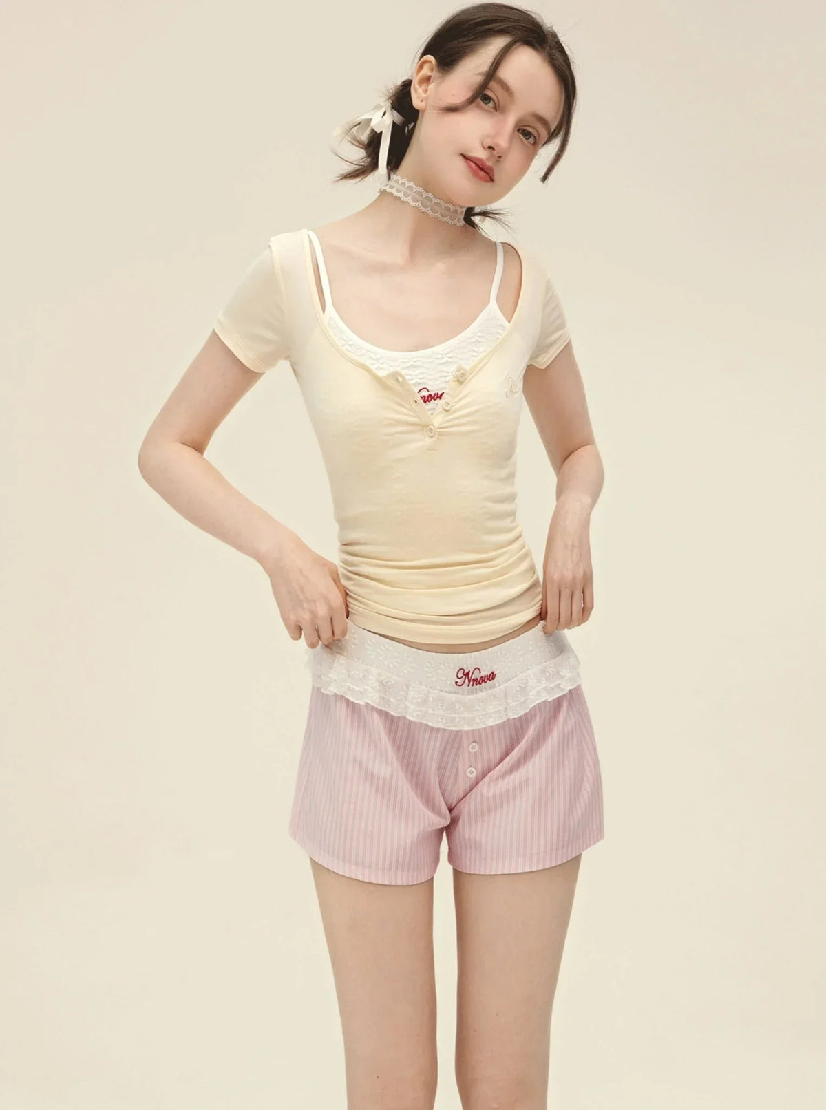 White Sling With Striped Wide Leg Shorts Set-Up