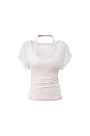 White T-Shirt and Pink Halter Neck Tank Top Set