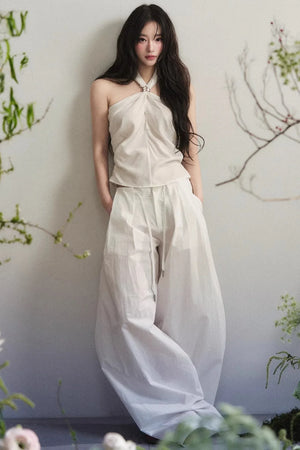 White Tencel Knotted Top Suit Set-Up