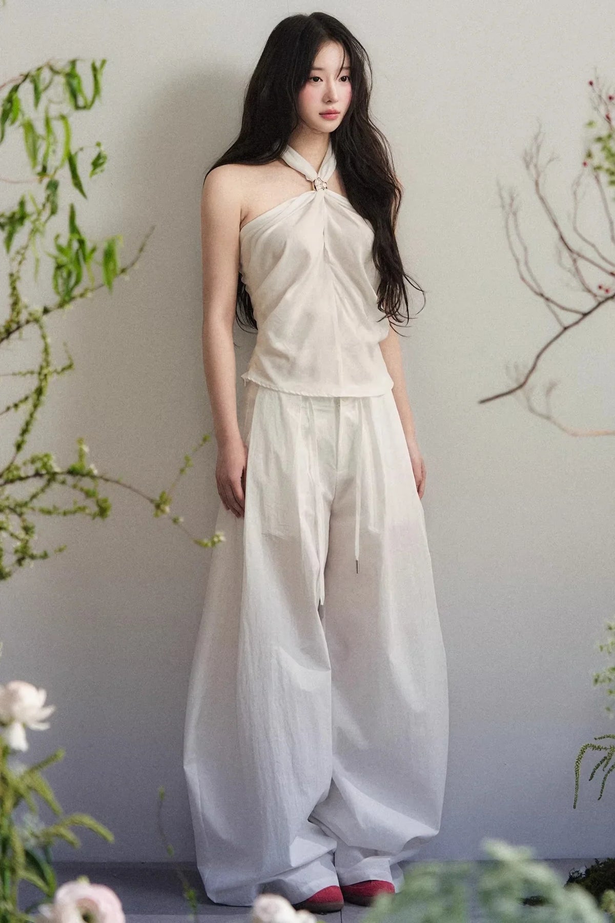 White Tencel Knotted Top Suit Set-Up