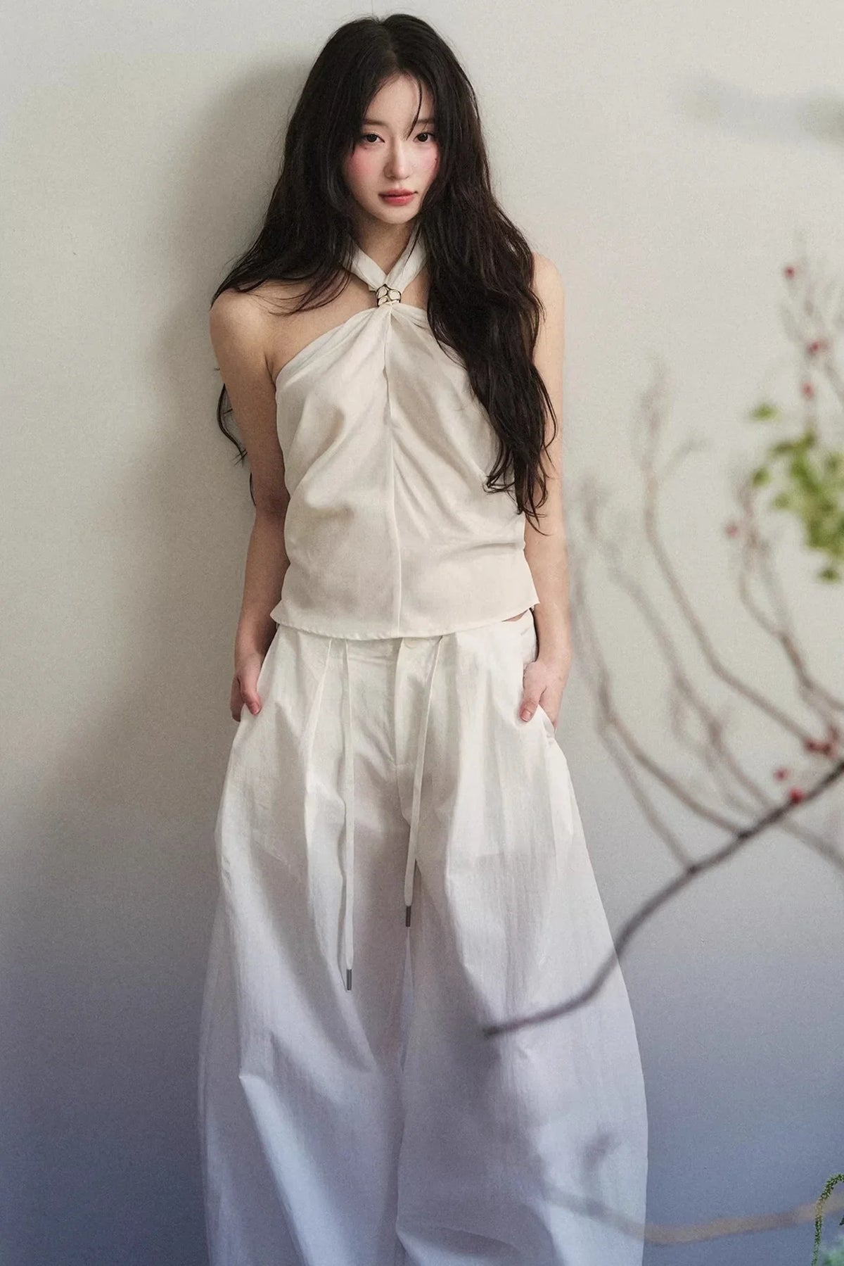 White Tencel Knotted Top Suit Set-Up