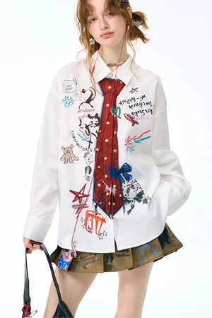 White Tie Print Long Sleeve Shirt