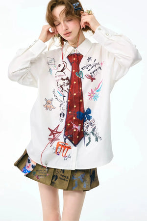White Tie Print Long Sleeve Shirt