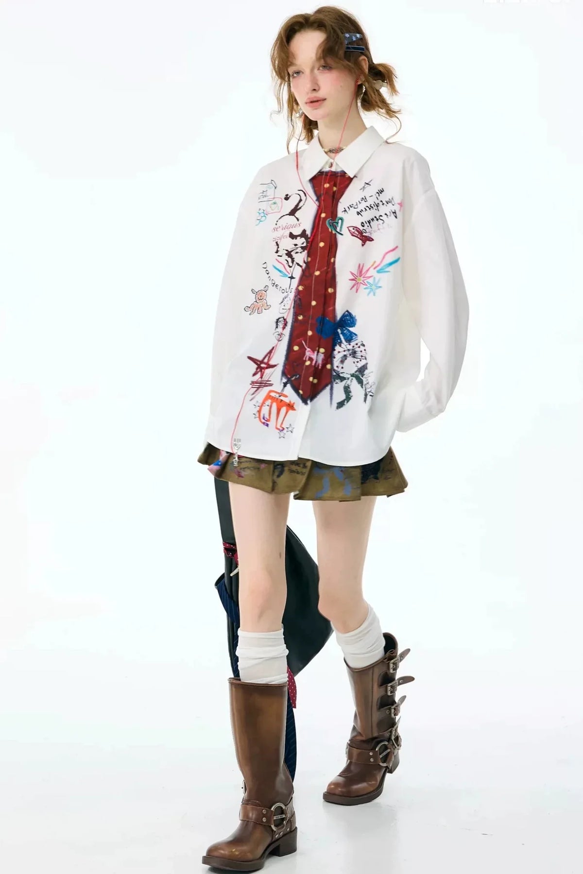 White Tie Print Long Sleeve Shirt