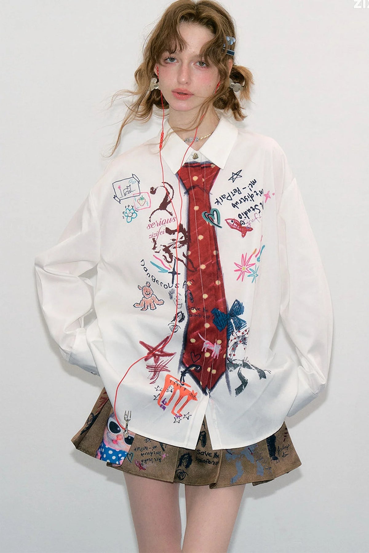 White Tie Print Long Sleeve Shirt