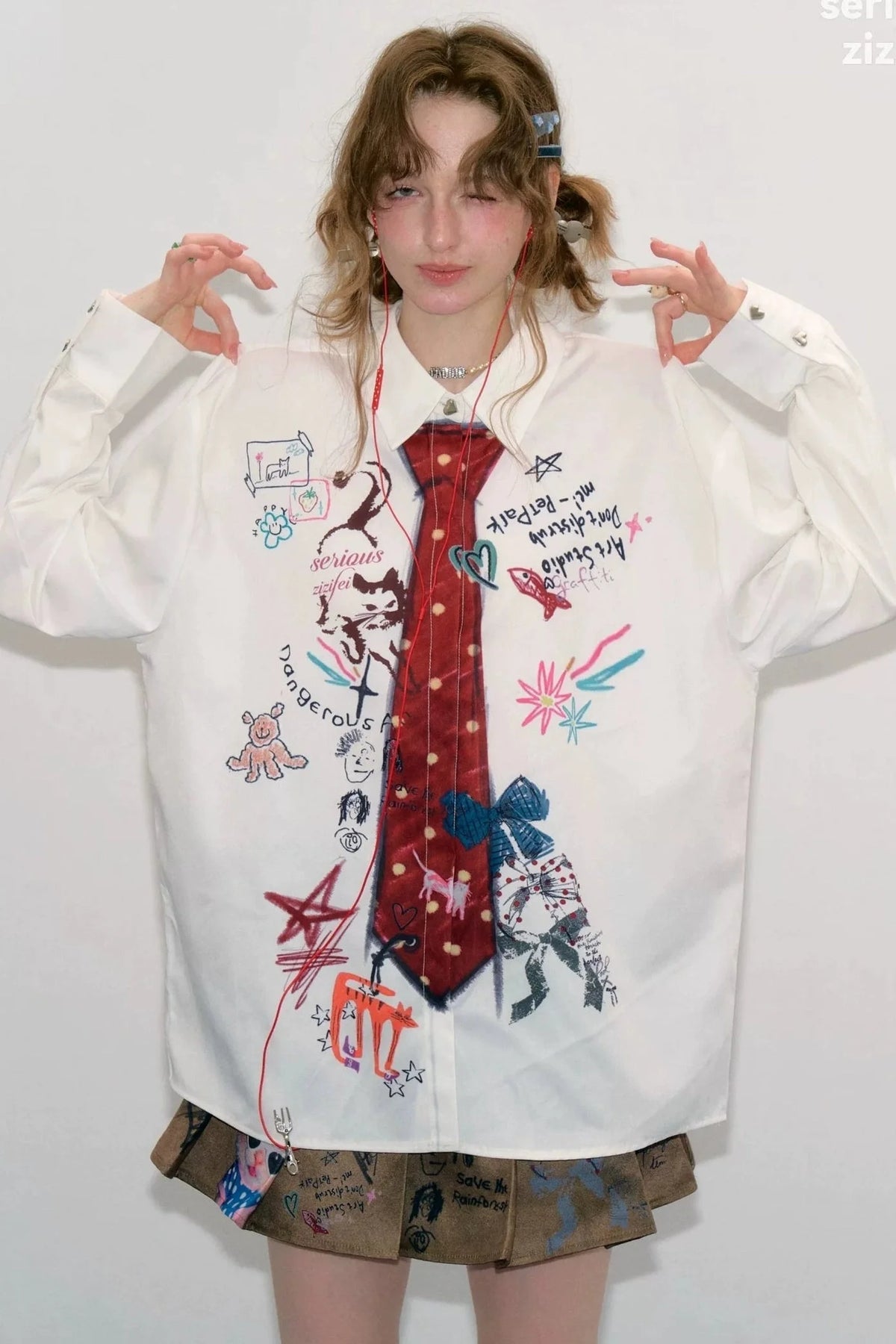 White Tie Print Long Sleeve Shirt