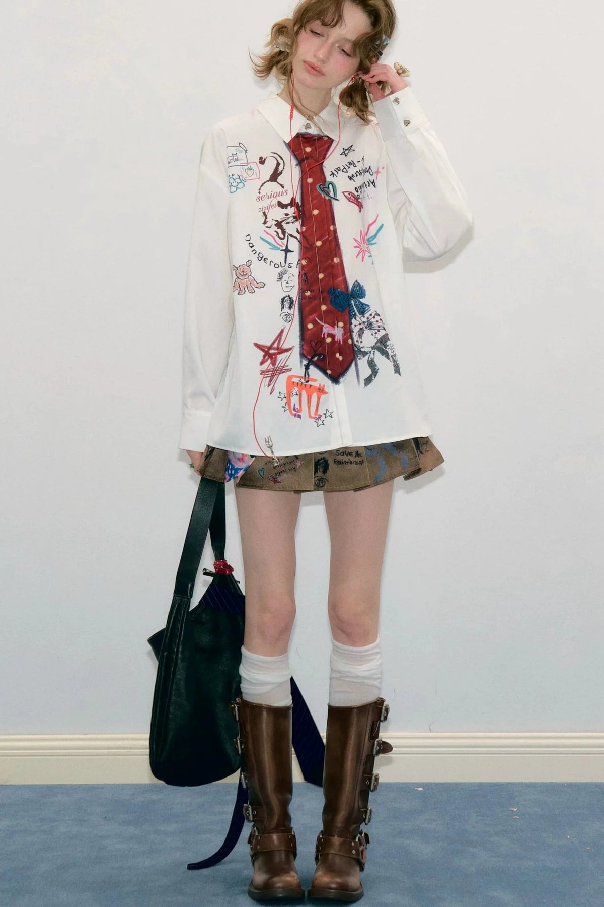 White Tie Print Long Sleeve Shirt