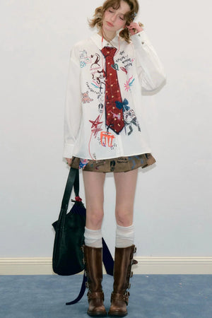 White Tie Print Long Sleeve Shirt
