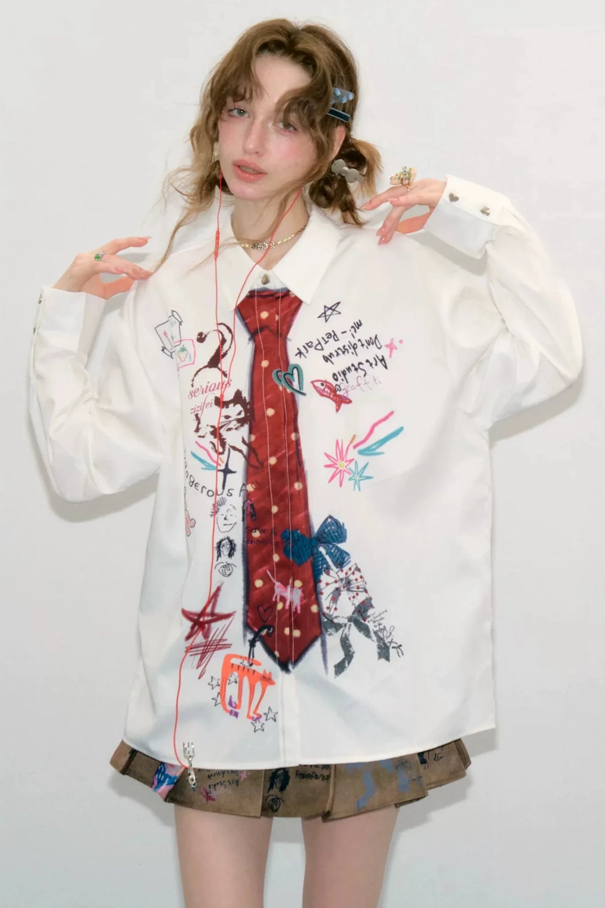 White Tie Print Long Sleeve Shirt
