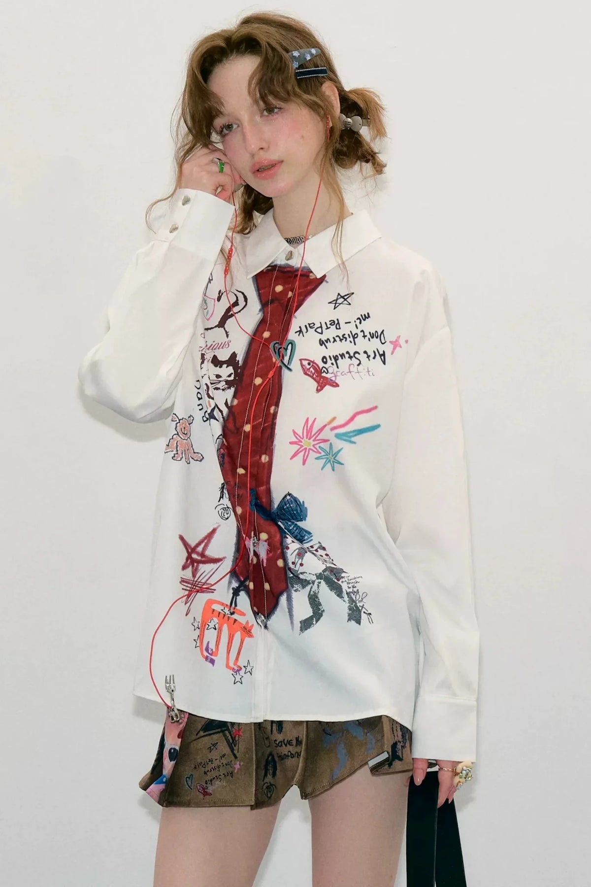 White Tie Print Long Sleeve Shirt