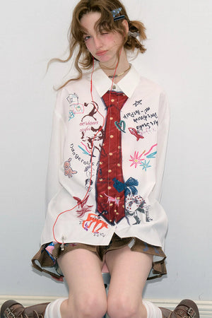 White Tie Print Long Sleeve Shirt