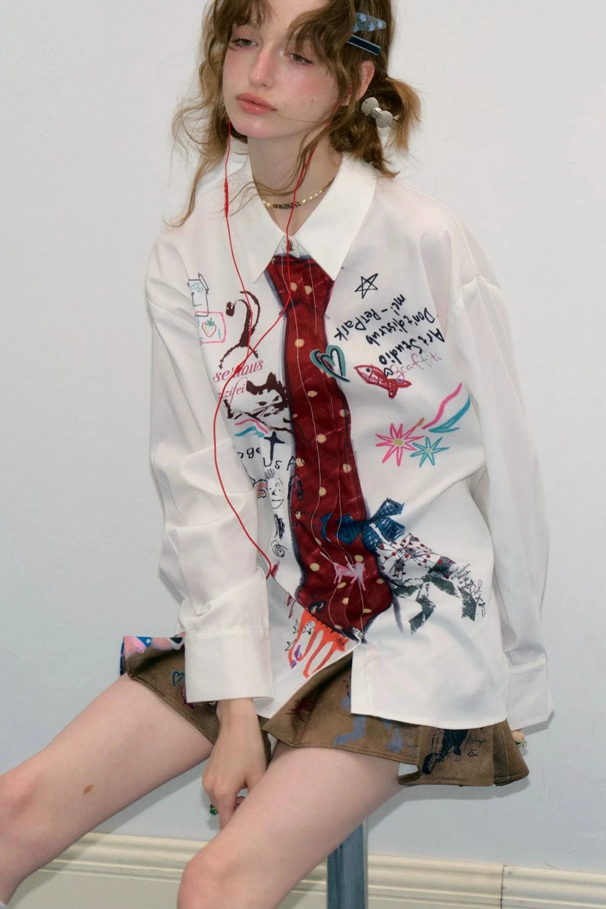 White Tie Print Long Sleeve Shirt