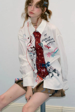 White Tie Print Long Sleeve Shirt