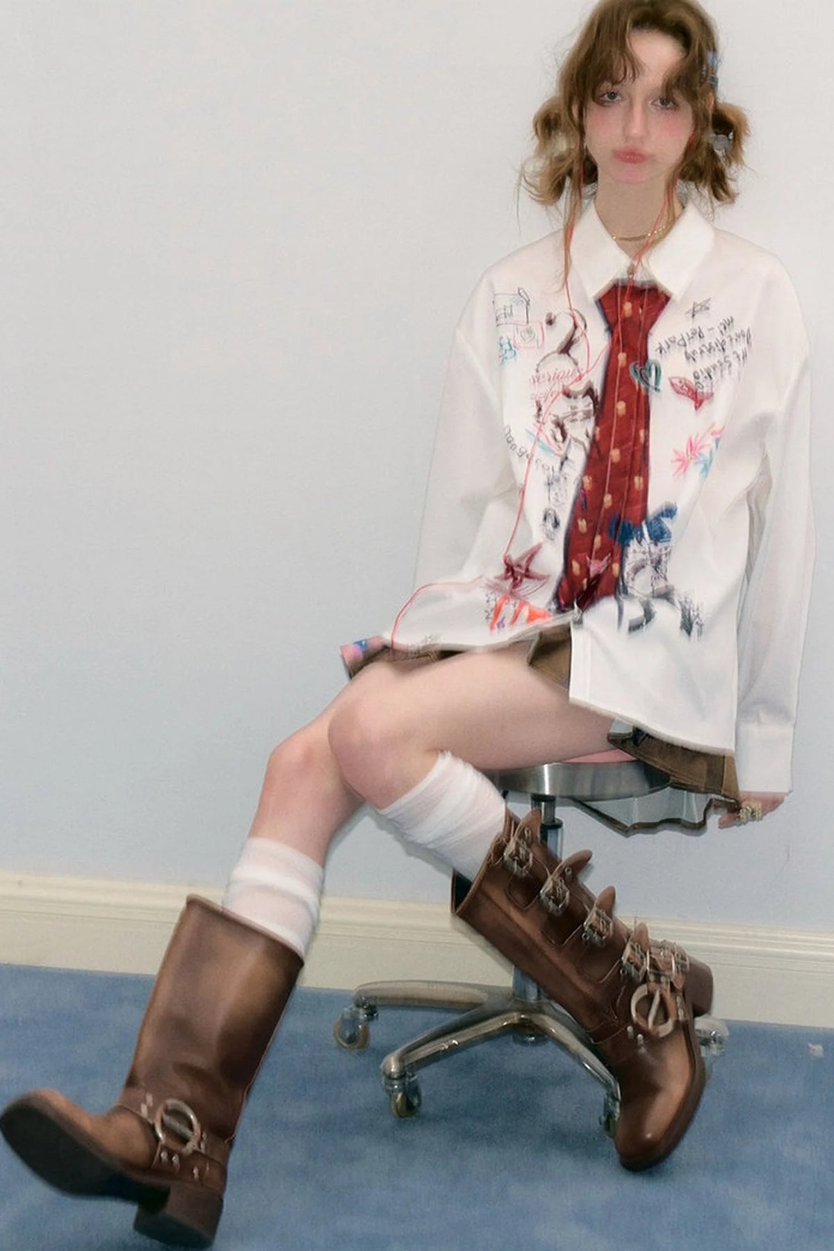 White Tie Print Long Sleeve Shirt