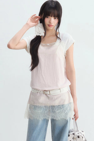 White U-Neck Top and Pink Suspender Set-Up