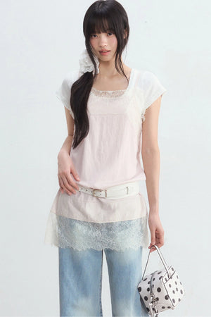 White U-Neck Top and Pink Suspender Set-Up