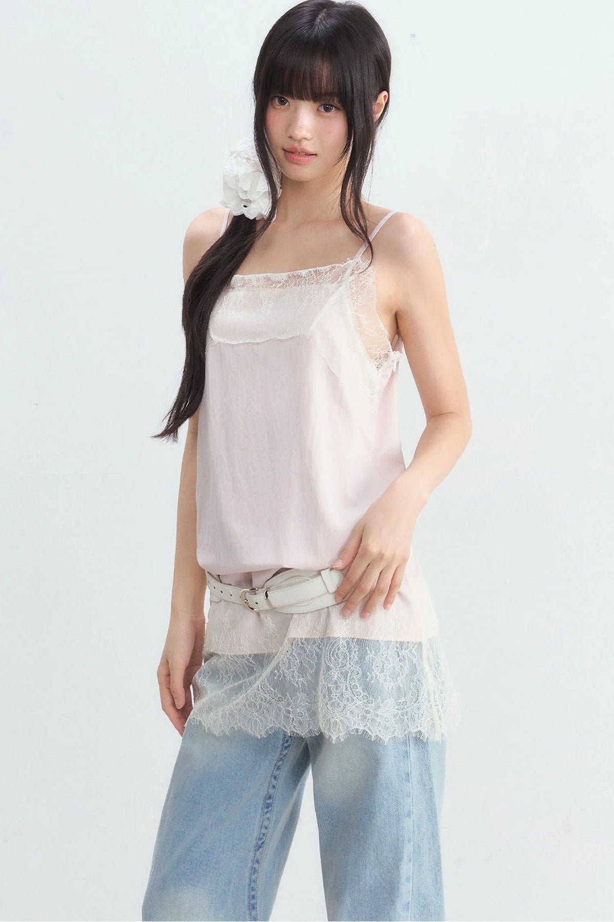 White U-Neck Top and Pink Suspender Set-Up