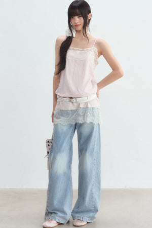 White U-Neck Top and Pink Suspender Set-Up