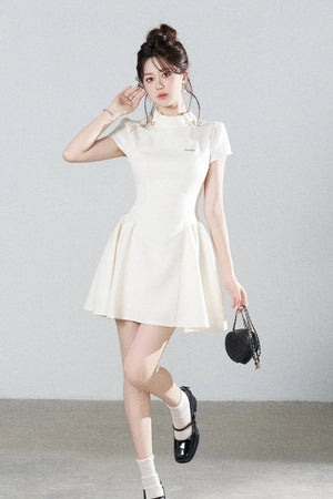 White Waist-Cinching A-Line Dress