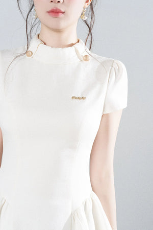 White Waist-Cinching A-Line Dress