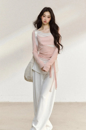 White Waistband Straight-Leg Pants