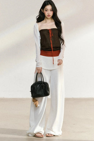 White Waistband Straight-Leg Pants