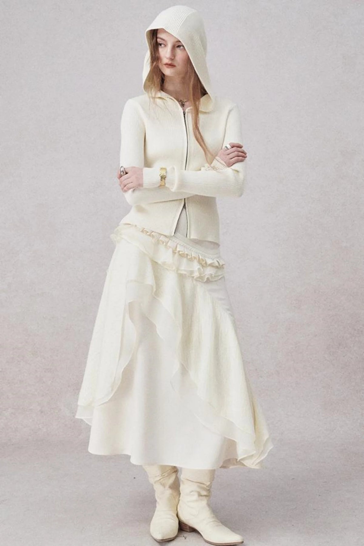 White Wool Lace Asymmetrical Skirt