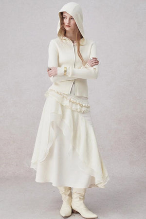 White Wool Lace Asymmetrical Skirt