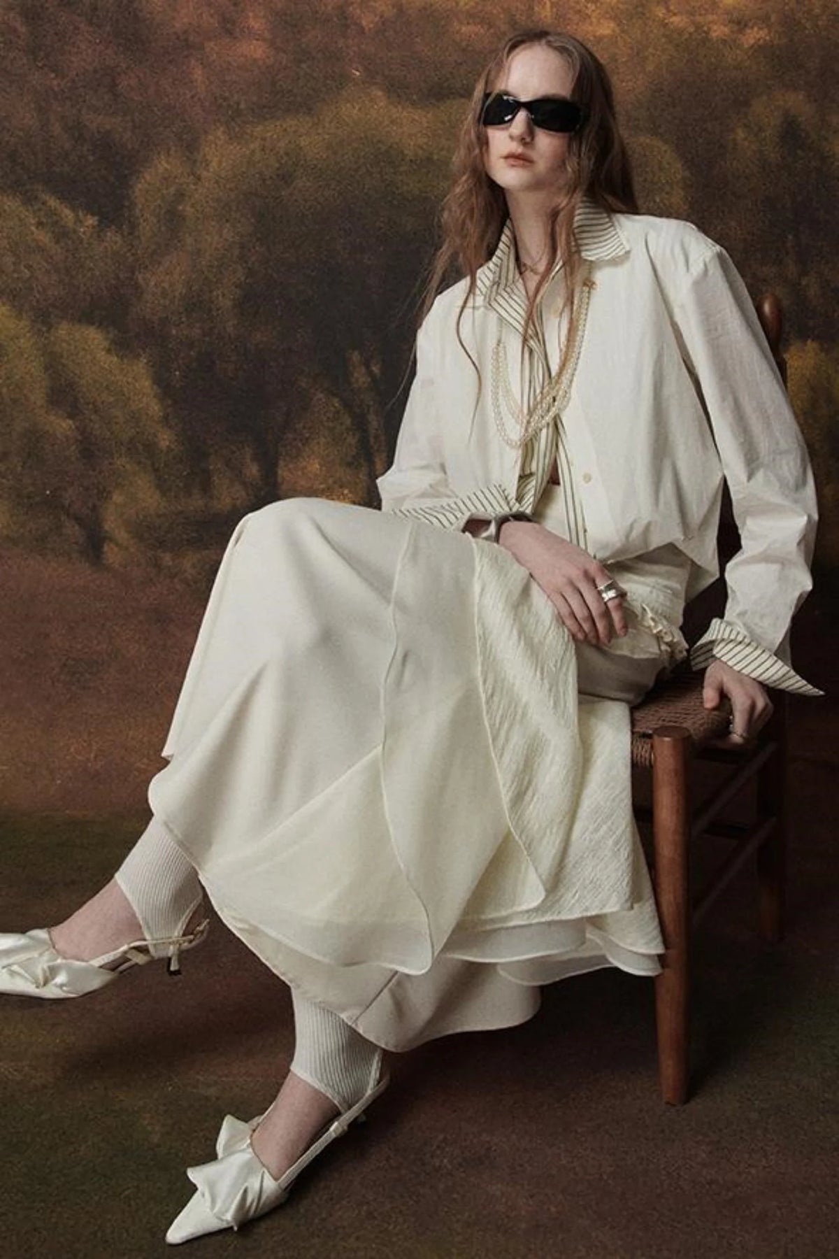 White Wool Lace Asymmetrical Skirt