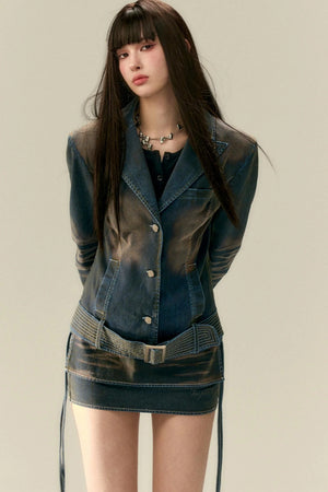 Wide Belt Cinched Denim Casual Jacket Set-Up