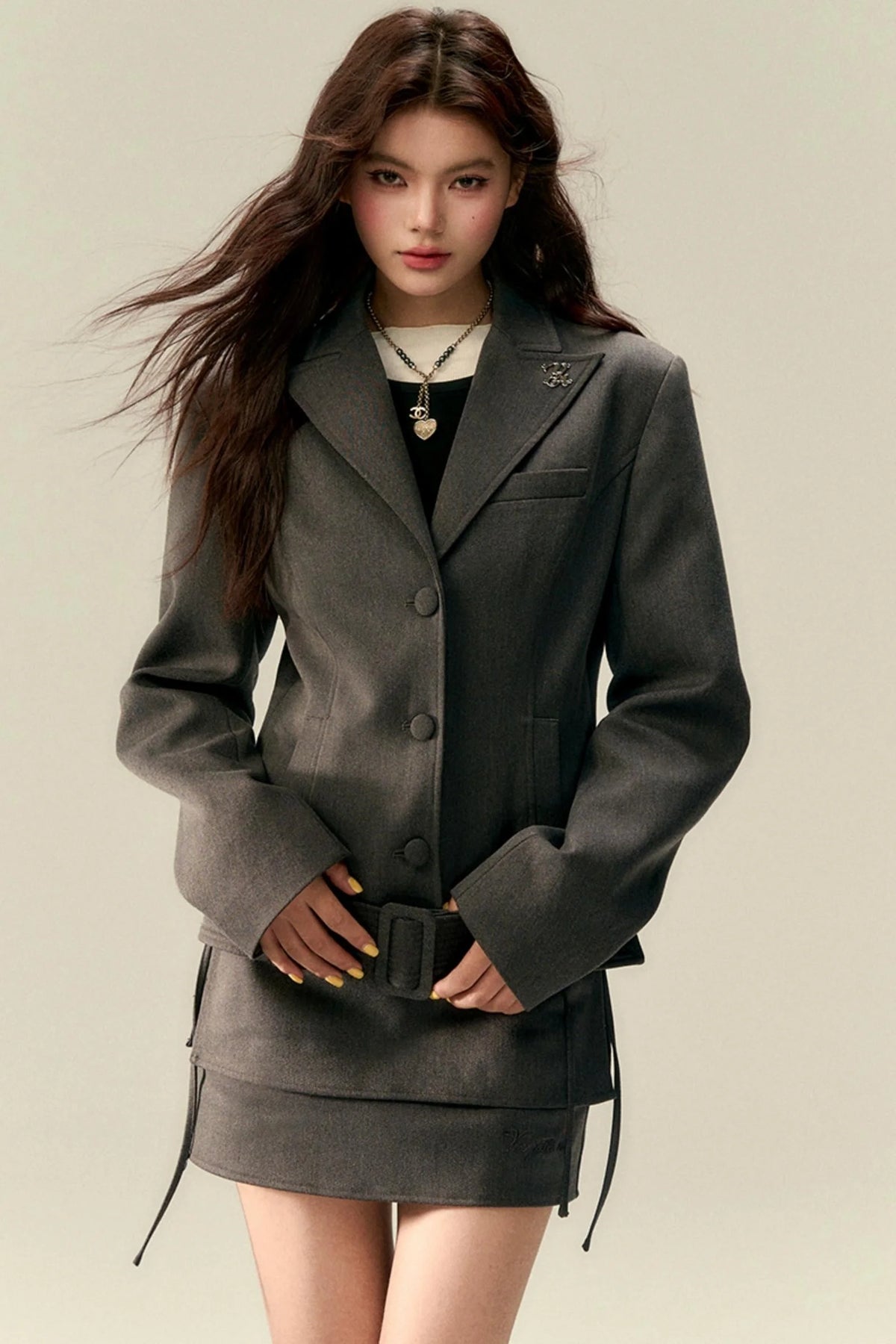 Wide Belt Cinched Denim Casual Jacket Set-Up