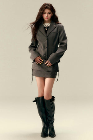 Wide Belt Cinched Denim Casual Jacket Set-Up