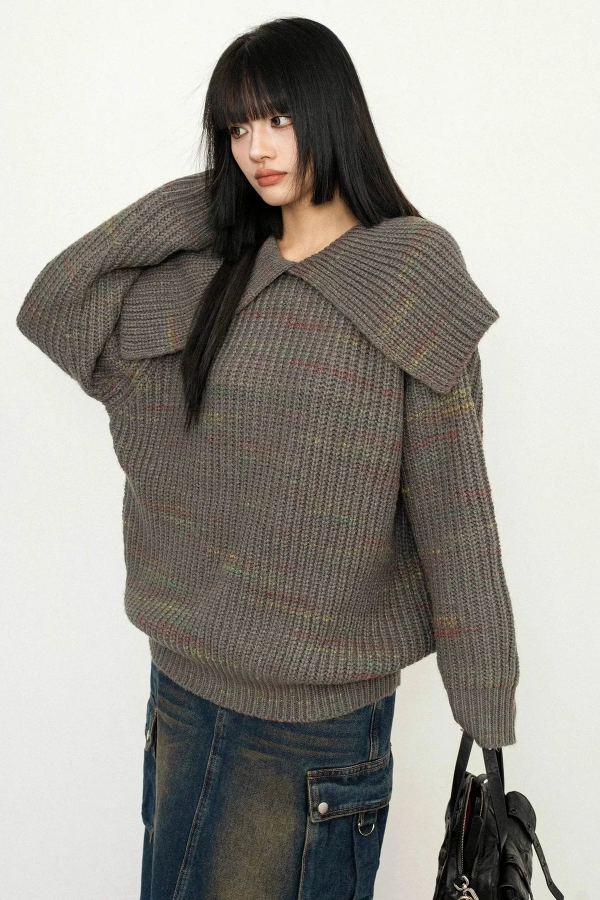 Wide Collar College Knit Sweater