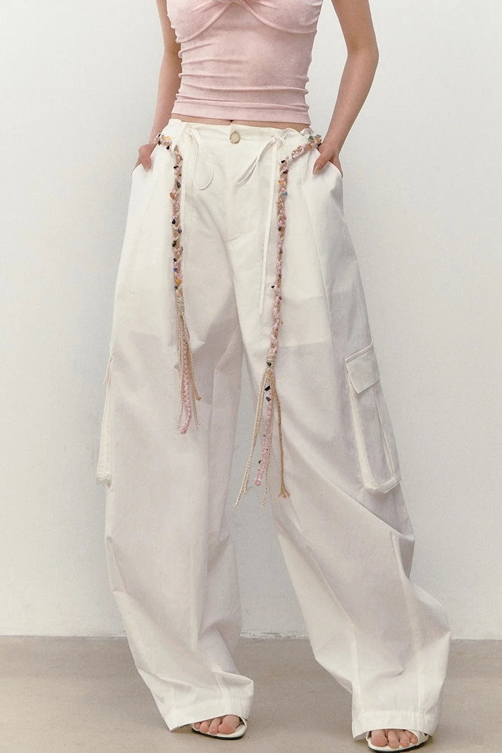 Wide-Leg Beaded Work Pants