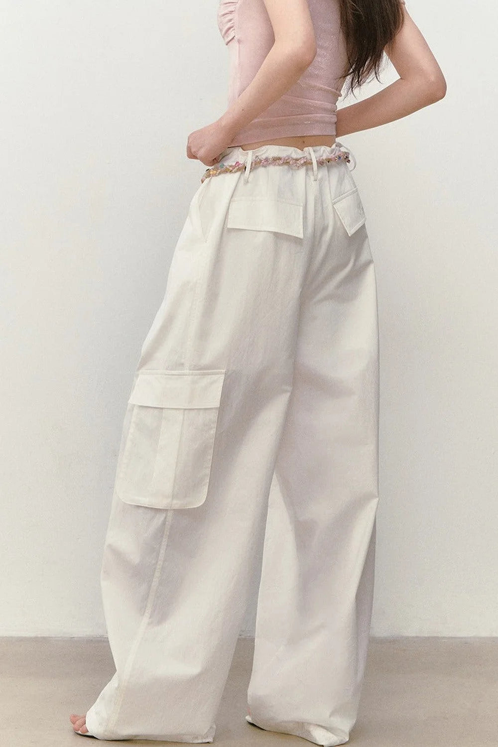 Wide-Leg Beaded Work Pants